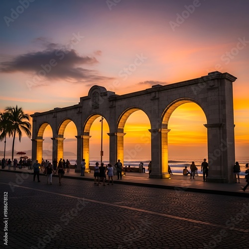 Arched walkway frames vibrant sunset over ocean, people strolling