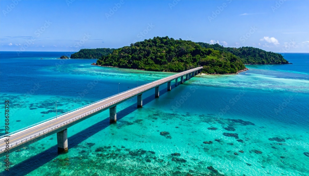 Fototapeta premium Aerial view of a long bridge connecting tropical islands over turquoise ocean