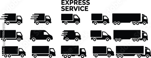 Set of truck and van icons, express service delivery vehicles, vector graphics for transport, transparent.