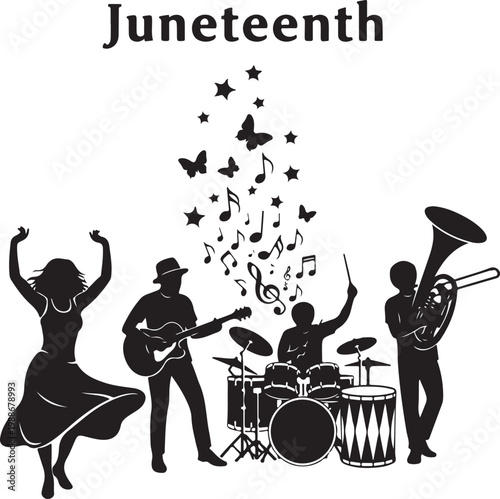 Juneteenth celebration silhouette with musician band, Generative Ai