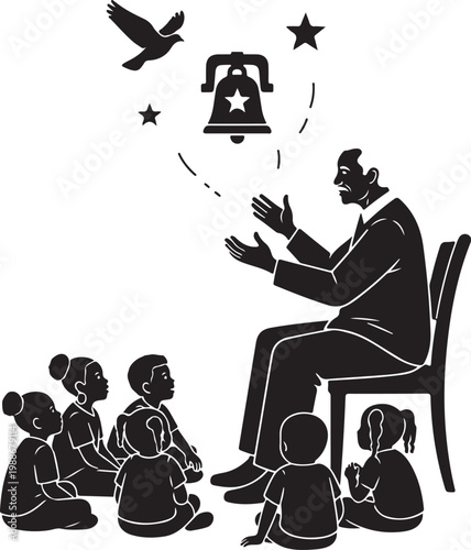 Silhouette of a man telling stories to children with a silhouette, Generative Ai