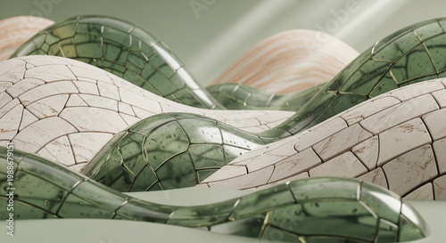 Abstract landscape with textured green and white undulating forms  