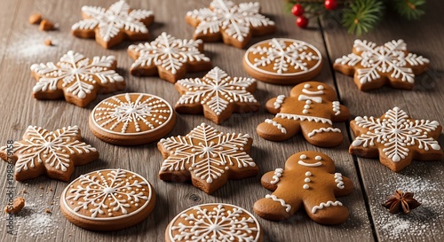 Array of festive gingerbread cookies, decorated with white icing, on wooden surface