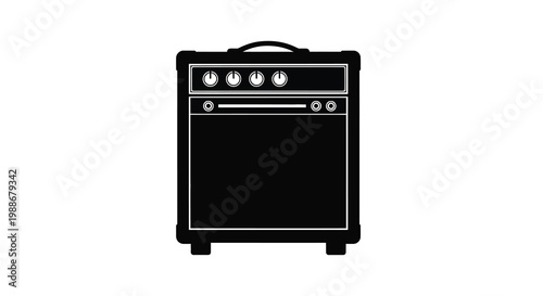 A stylized black and white illustration depicting a guitar amplifier facing directly forward high quality professional