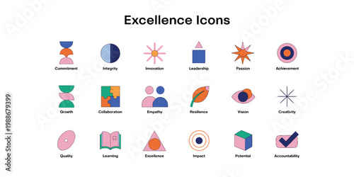 Set of modern flat icons symbolizing business excellence, growth, and positive attributes on white background.