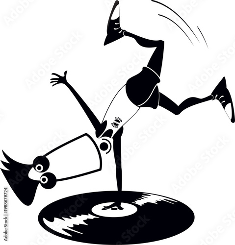 Funny person balances on one hand on a long playing record