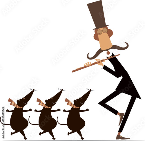 Funny musician in the top hat playing flute for rats or mice