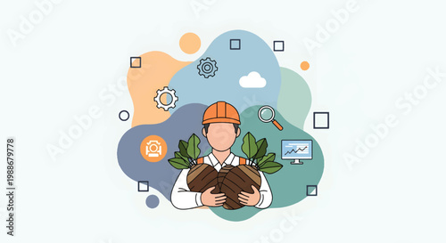 A modern worker holds a pile of earth surrounded by green leaves and industrial icons in a contemporary office setting with a cloudy sky viewed from a side angle.
