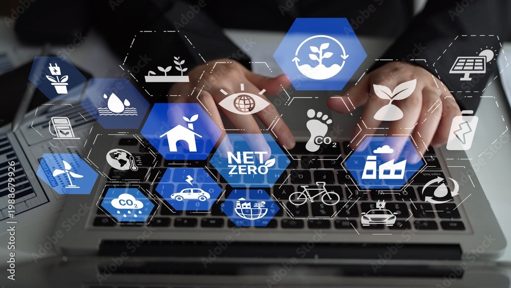 Fototapeta premium Net zero and sustainability concepts with environmental balance, digital sustainability icons, green energy goals, and eco-conscious digital business transformation for the future. Funnel