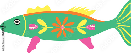 Stylized rainbow fish character with decorative flowers and bright colors. Vector marine animal for kids' design, nursery decor, or stickers.