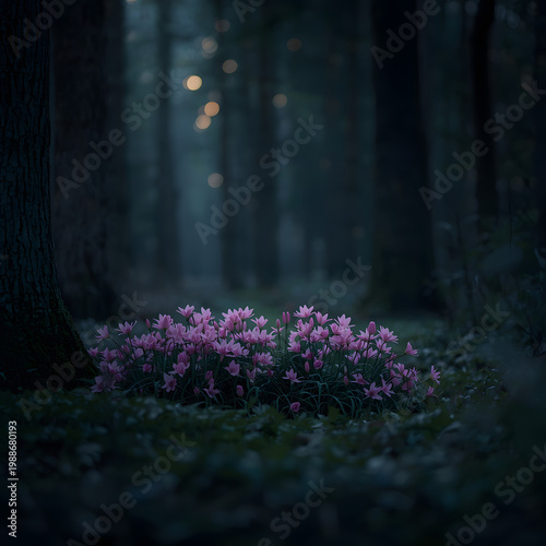 enchanter forest floor of pink liliy of the valley in soft shadowed light ,serene wood land carpet of blooming lily of the valley  in a cool dim atmosphere