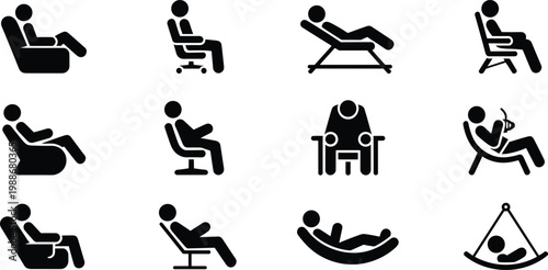 Black and white line of people working on computers and using gadgets in various office settings office worker