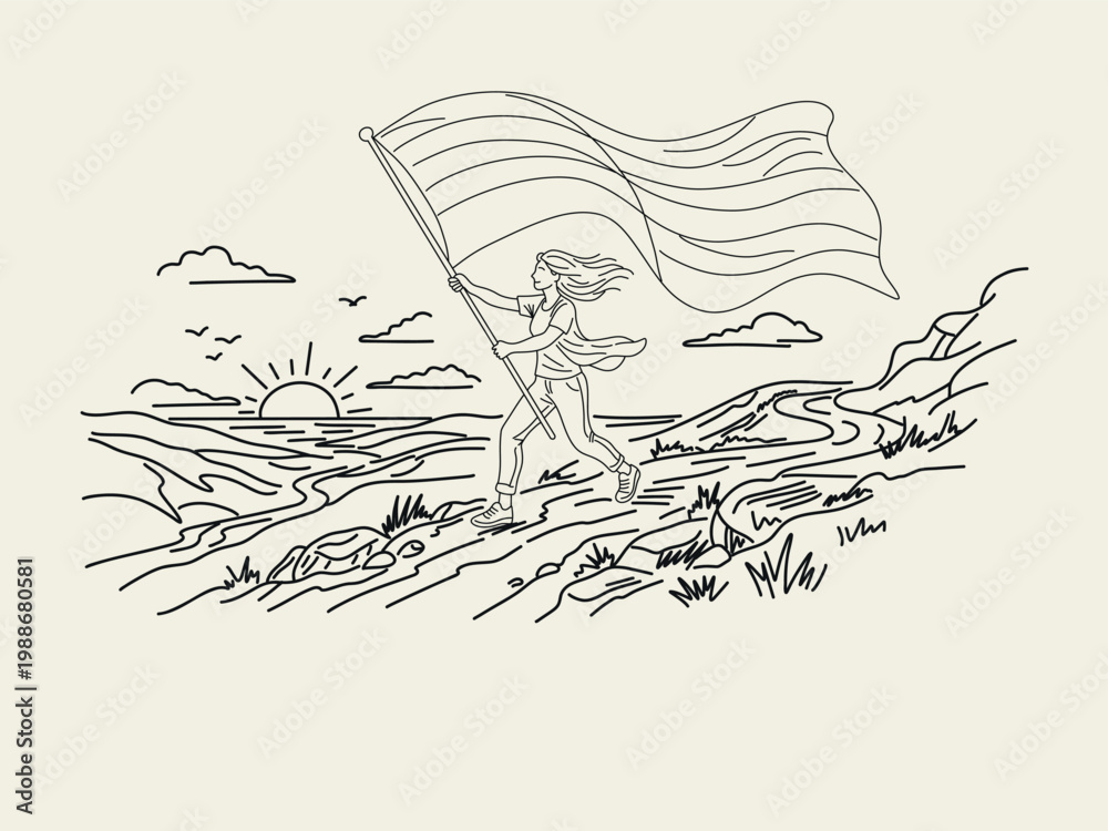 Obraz premium Minimal line art illustration of a woman walking with a flag across a scenic landscape with hills, river, and sunset. Represents freedom, journey, and personal empowerment.