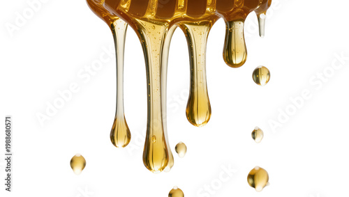 Tableau sur toile Golden viscous honey dripping in strands and droplets, isolated on transparent b