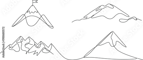 Black and white line of various mountain peaks and mountain ranges line mountain summit