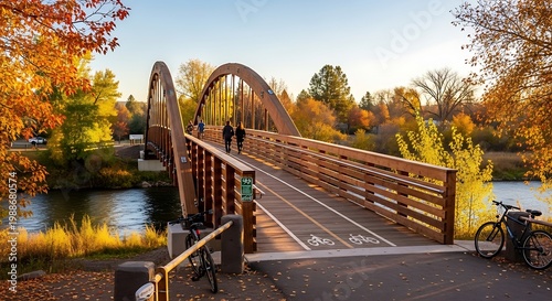 Arching wooden bridge, cyclists, river, autumn foliage, golden light