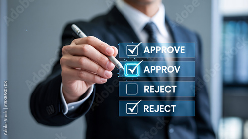 A businessman in a suit approves or rejects options on a digital interface
