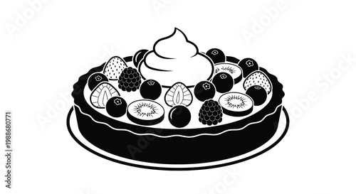 A black and white illustration depicts a round tart decorated with various fruits and cream