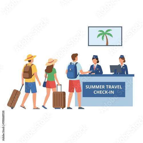 People queuing for summer travel check-in at airport counter