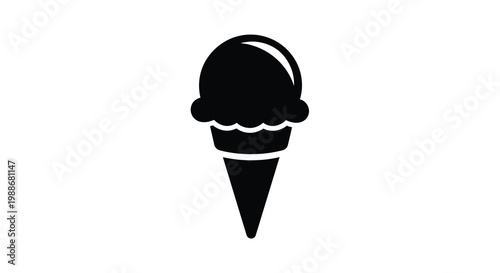 A simple black and white illustration depicts a single scoop of ice cream in a cone