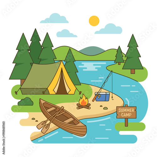 Flat vector illustration of a lakeside campsite with tent and canoe