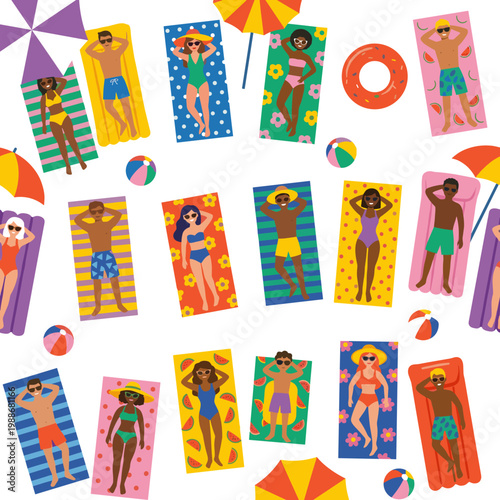 Diverse group of people sunbathing on colorful beach towels