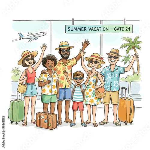 Happy diverse family waving goodbye at airport gate for summer vacation