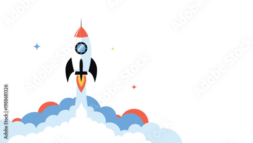 Minimalist rocket ship launching with a trail of smoke and glowing stars symbolizing innovation and new beginnings.