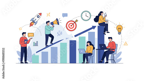 Professional team working together to achieve business goals and reach success targets on a rising bar chart.