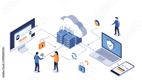 Digital infrastructure concept showing people interacting with various devices connected to a central cloud server system.