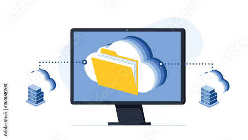Secure cloud storage and file management concept showing a large folder icon over a cloud on a desktop computer screen.