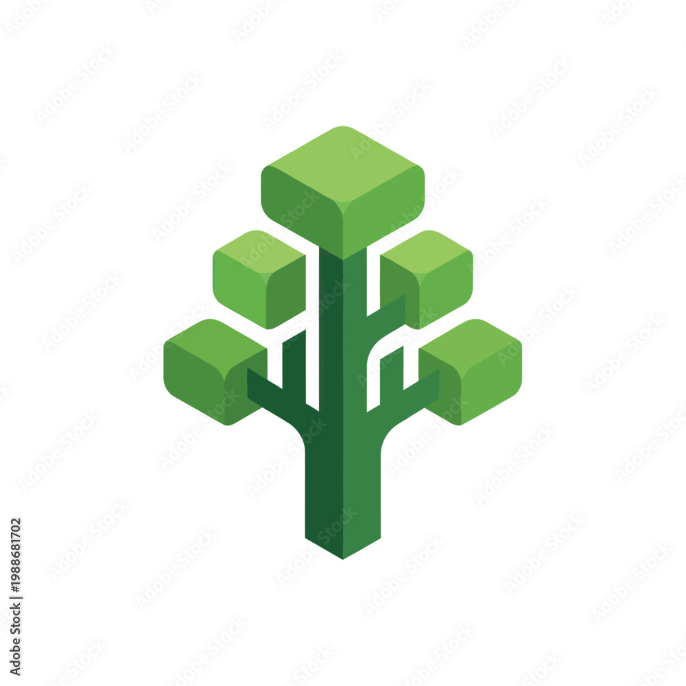 Fototapeta premium Stylized Isometric Green Tree Icon with Square Leaves.