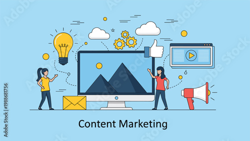 Marketing professionals managing a sales funnel with social media profile icons, speech bubbles, and financial growth.