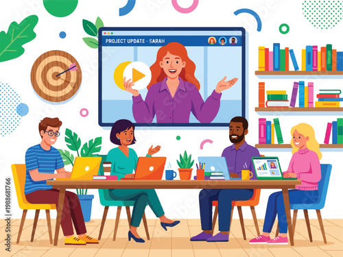 A diverse group of four colleagues collaborate around a wooden table in a bright office space with a large monitor displaying a project update video call and bookshelves filled with colorful books