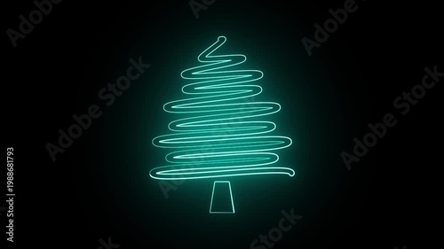 Neon Teal Christmas Tree Line Animation on Black Background