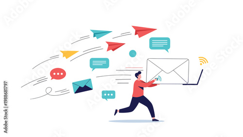 Energetic man carrying large envelope towards laptop with paper planes and speech bubbles representing fast email delivery.
