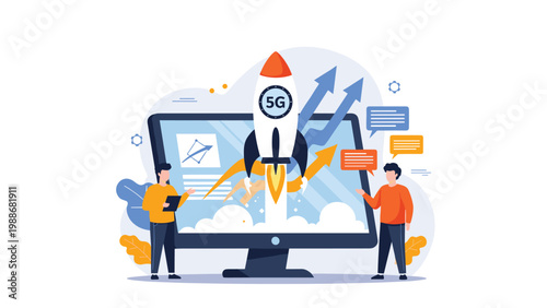 Innovative business team witnessing high speed 5G technology rocket launch from computer monitor for rapid digital growth.