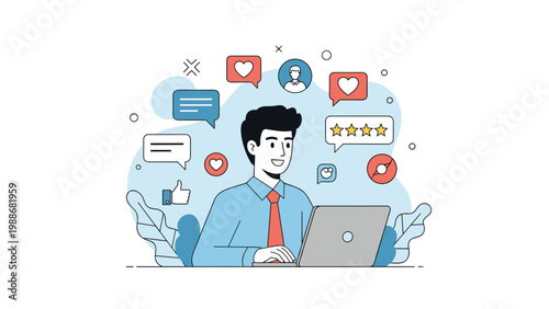 Happy professional receiving positive customer feedback and reviews while working on laptop in modern office environment.