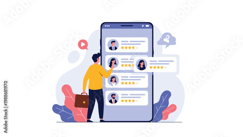 Manager evaluating professional service provider profiles with star ratings on large smartphone for talent recruitment.