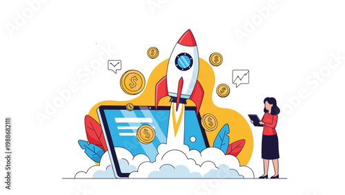 Business startup and financial growth concept with a rocket launching from a tablet and gold coins.