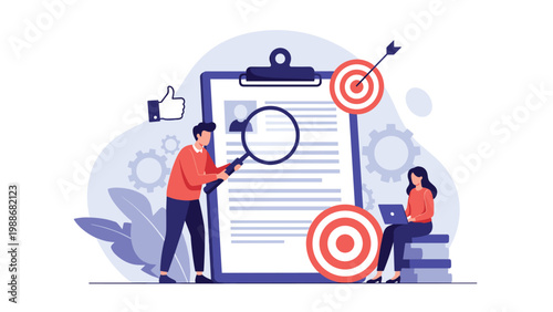 Recruitment and human resources team searching for candidates by reviewing resumes on a clipboard.