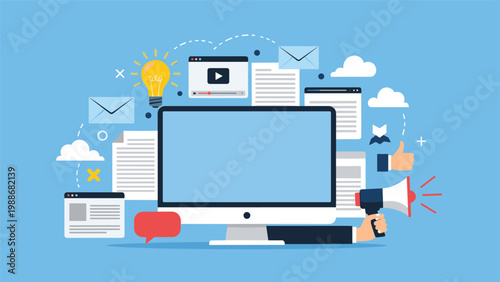 Digital content marketing and social media promotion concept with a monitor and various media icons.