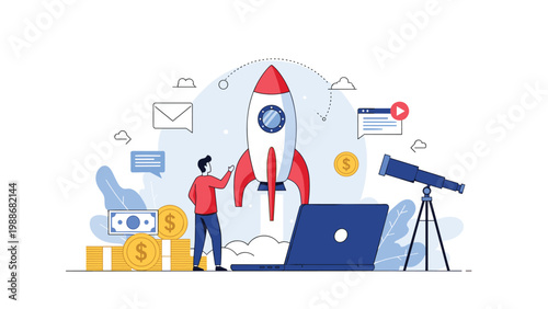 Visionary business leader planning for the future with financial growth and successful rocket launch.