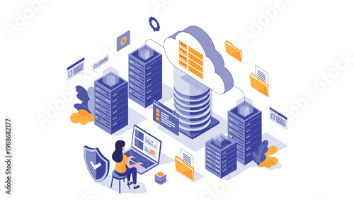Network administrator working on a laptop surrounded by isometric cloud database and server racks.