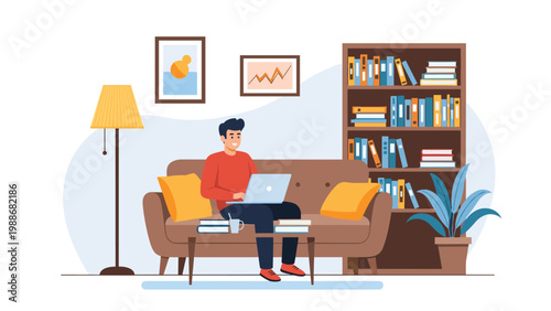 Young man working remotely on a laptop while sitting comfortably on a sofa in a cozy living room.