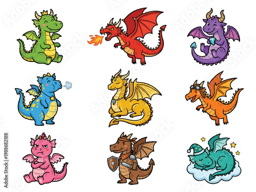 A set of nine cartoon dragons in various colors and poses on white background  mythical creatures