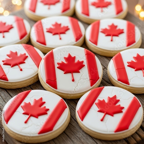 Array of round cookies decorated with red maple leaves and white-red stripes