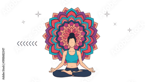 Woman practicing mindfulness meditation in a lotus pose with a beautiful colorful mandala backdrop.