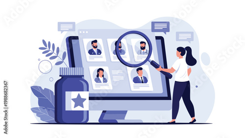 Searching for medical professionals on a computer screen with a magnifying glass and medicine bottle.