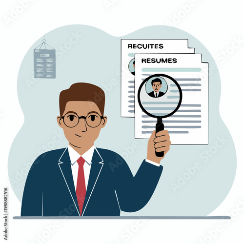 Recruiter analyzing resumes with magnifying glass
